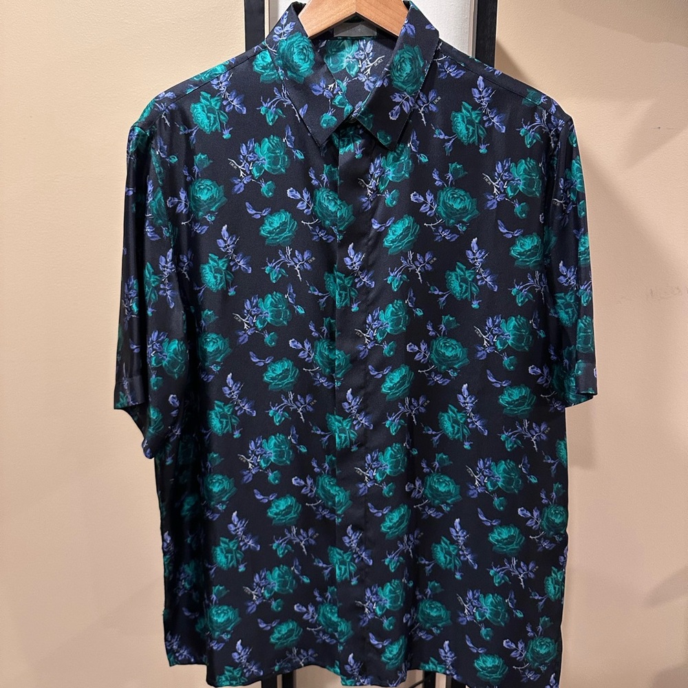Dior x Kim Jones Green Rose Print Silk Button Up Shirt